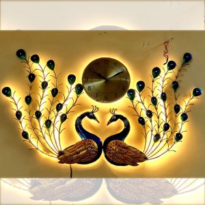 Two Peacock Decorative Hanging Wall Clock With LED Lights For Home Interior