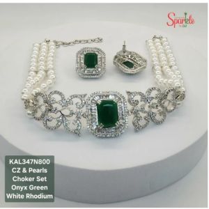 CZ Ladies Choker Set with Pearl Strings