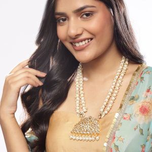 Ruby Raang Brass Long Pearl Layered Kundan Necklace