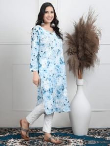 Atiya Mulmul Sky Blue Floral Print Kurti