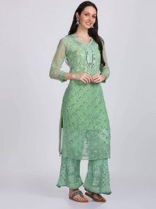 Green Chikankari Chiffon Sharara Suit Party Wear