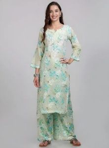 Printed Green Chikankari Mulmul Palazzo Suit Party Wear