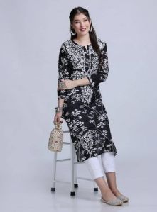 Lucknowi Mulmul Black Printed Kurti