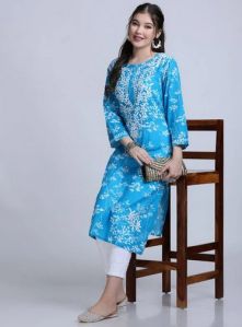 Lucknowi Mulmul Blue Printed Kurti