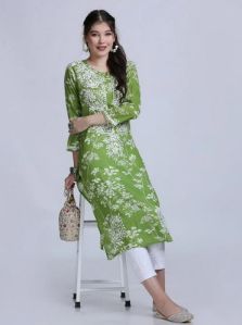 Lucknowi Mulmul Green Printed Kurti