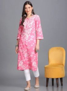 Lucknowi Mulmul Pink Printed Kurti