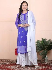 Dark Blue Chikankari Chiffon Sharara Suit