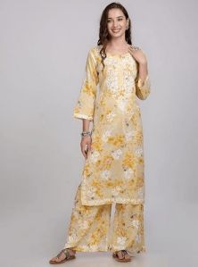 Printed Yellow Chikankari Mulmul Palazzo Suit Party Wear