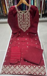 Ladies Embroidered Maroon Cotton Silk Suit