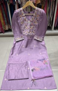 Party Wear Lavender Embroidered Silk Suit, Color : Multi Color