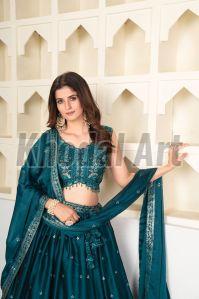 Sea Green Semi Stitched Lehenga with Unstitched Blouse