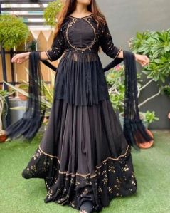 Black Georgette Wedding Crop Top Lehenga For Women