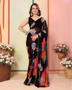 Black Floral Print One Minute Ready To Wear Women Saree