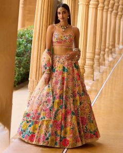 Chikoo Georgette Multicolor Thread Wedding Lehenga Choli For Women