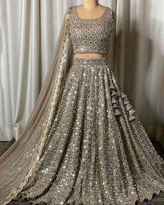 Grey Georgette Mirror Work Wedding Lehenga Choli For Women