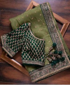 Mehandi Green Colored Vichitra Women Silk Saree