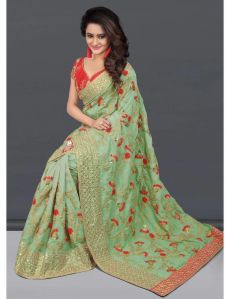 Olive Green Thread Sequence Rangoli Silk Women Saree