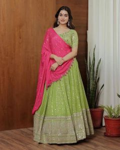Parrot Green Color Georgette Sequins Embroidery Lehenga Choli For Women