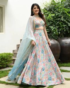 Sky Blue Muslin Silk Pearl Beads Wedding Designer Women Lehenga Choli