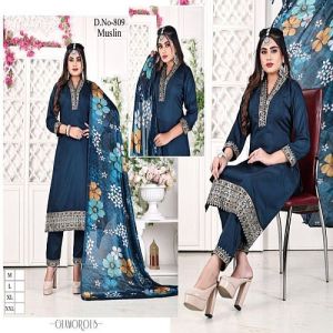 Blue Muslin Kurti Pant Set with Dupatta