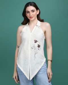 Women Off White Cotton Hand Work Top