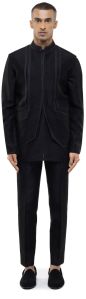 Mens Black Silk Metallic Stitchline Kurta Bandi Set