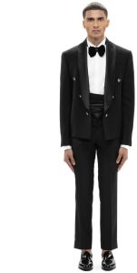 Mens Black Worsted Wool Metallic Buttons Open Shawl Lapel Tuxedo