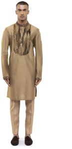 Mens Gold Silk Placket Embellished Kurta Set