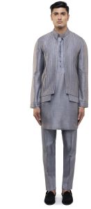 Mens Grey Silk Pleated Open Kurta Bandi Set