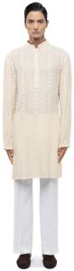 Mens Light Yellow Georgette Lucknowi Embroidery Kurta Set