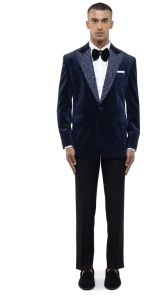 Mens Navy Blue Velvet Cutdana Peak Lapel Tuxedo Set
