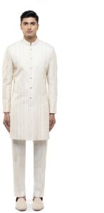 Mens Off White Silk Vertical Pleated Sherwani Set