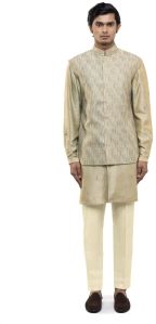 Mens Sage Green Silk Beaded Embroidery Kurta Bandi Set