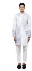 Mens White & Blue Silk Thread Embroidered Kurta Set