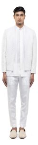 Mens White Silk Hand Embroidered Open Bandhgala Set