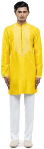 Mens Yellow & White Silk Hand Embroidery Kurta Set