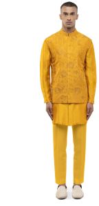 Mens Yellow Georgette Floral Embroidery Kurta Bandi Set