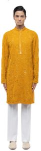 Mens Yellow Georgette Floral Embroidery Kurta Set