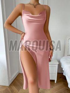 Solid Satinbackless Dress, Color : Pink Vacation, Length : Hip