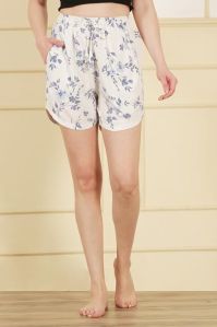 Ladies White Blue Floral Print Rayon Regular Shorts