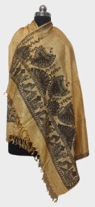 Hand Painted Madhubani Dupatta with Fish & Peacock Design