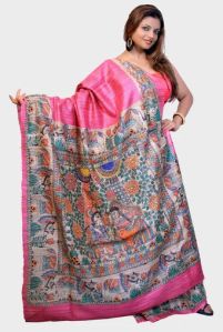 Madhubani Tussar Silk Saree with Traditional Radha Krishna Ras Design