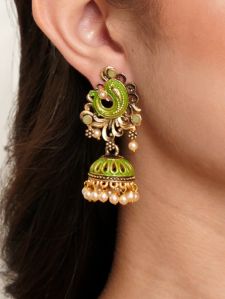 Karatcart Antique Gold Plated Light Green Stone with Meena Jhumki Earrings
