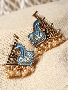 Karatcart Gold Plated Blue Meena Peacock Design Stud Earrings for Women