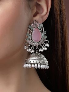Women Karatcart Oxodised Silver Pink Stone Dome Jhumki Earrings