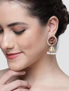 Rose Gold Plated Peacock Design Brown and Cream Meena Jhumki Earrings