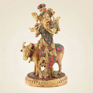 Brass Krishna with Cow Idol  Multicolor Gemstone Work