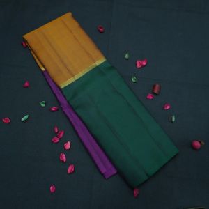 Mustard Yellow Violet Dark Green Kanchipuram Handloom Silk Saree