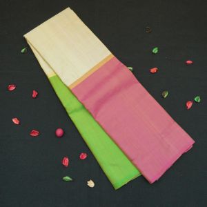 tri-color Mubbagam Kanjivaram Silk Saree, Color : Half-White, Pink)