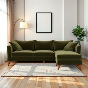 Emerald L-Shaped Sofa, Velvet, Green Colour, Frame Material : Wood